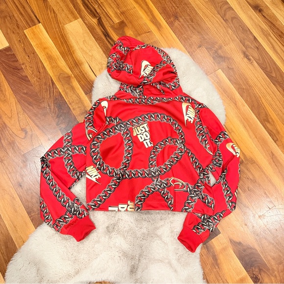 Nike Women's Just Do It Red Gold Chain Graphic Logo Cropped Hoodie - Picture 4 of 5